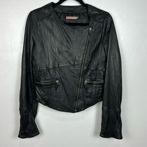 Saint Tropez Black Leather Asymmetrical Zip Jacket With Pockets Size M